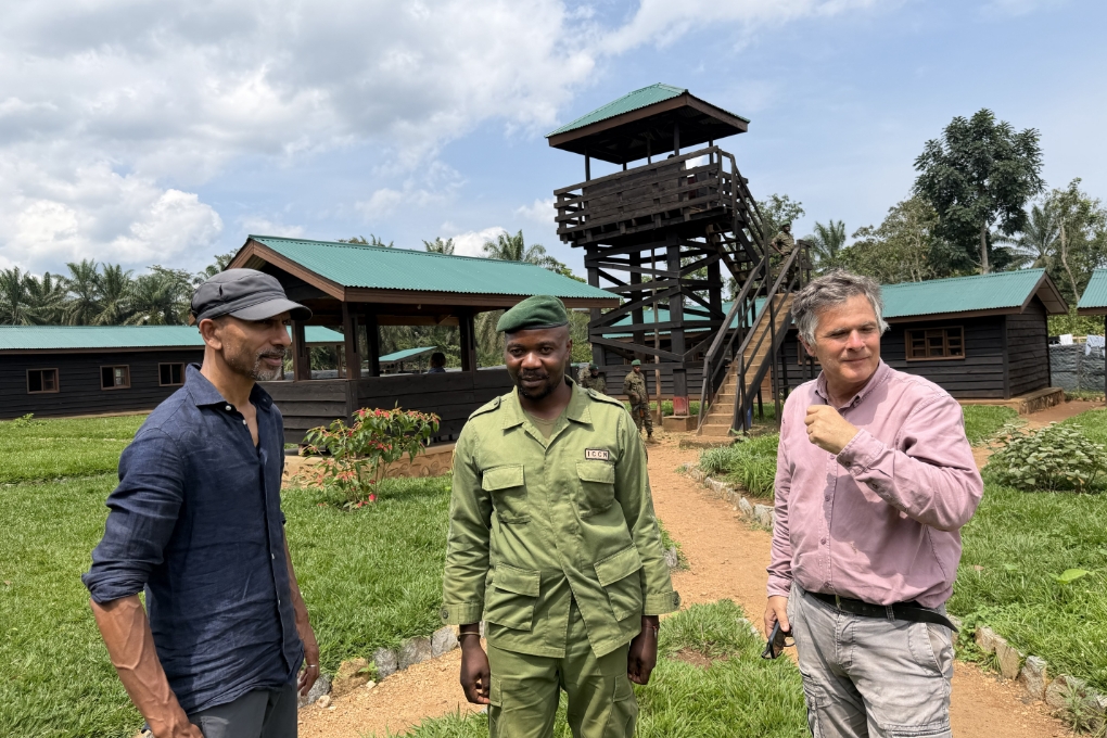 Virunga National Park Director Emmanuel de Merode, right, and Sherwin Das of Energy Peace Partners, left, visit an outpost used by Virunga Rangers near Mutwanga. 2026/08/IMG_1245.jpg